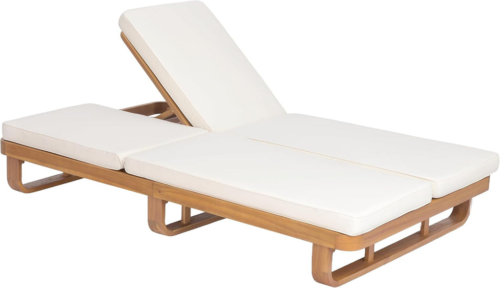 Double Acacia Wood Chaise Lounge with Dual Adjustable Backrests, Patio Outdoor Chaise Lounge with Cushions, Wooden