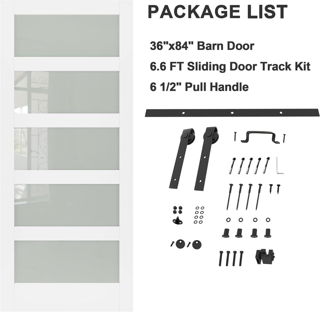36" x 84" Glass Barn Door with 6.6 FT Hardware Kit, Handle & Floor Guide, Pre-Drilled Sliding Barn D