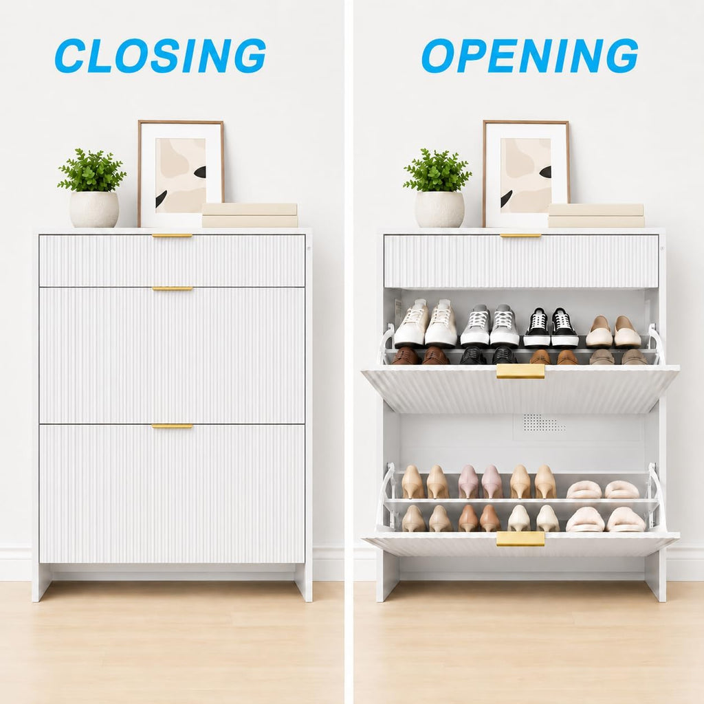 Narrow Fluted Shoe Storage Organizer with Drawer,Gold Handles, Walnut | Shoe Storage Cabinet , Freestanding Drawer