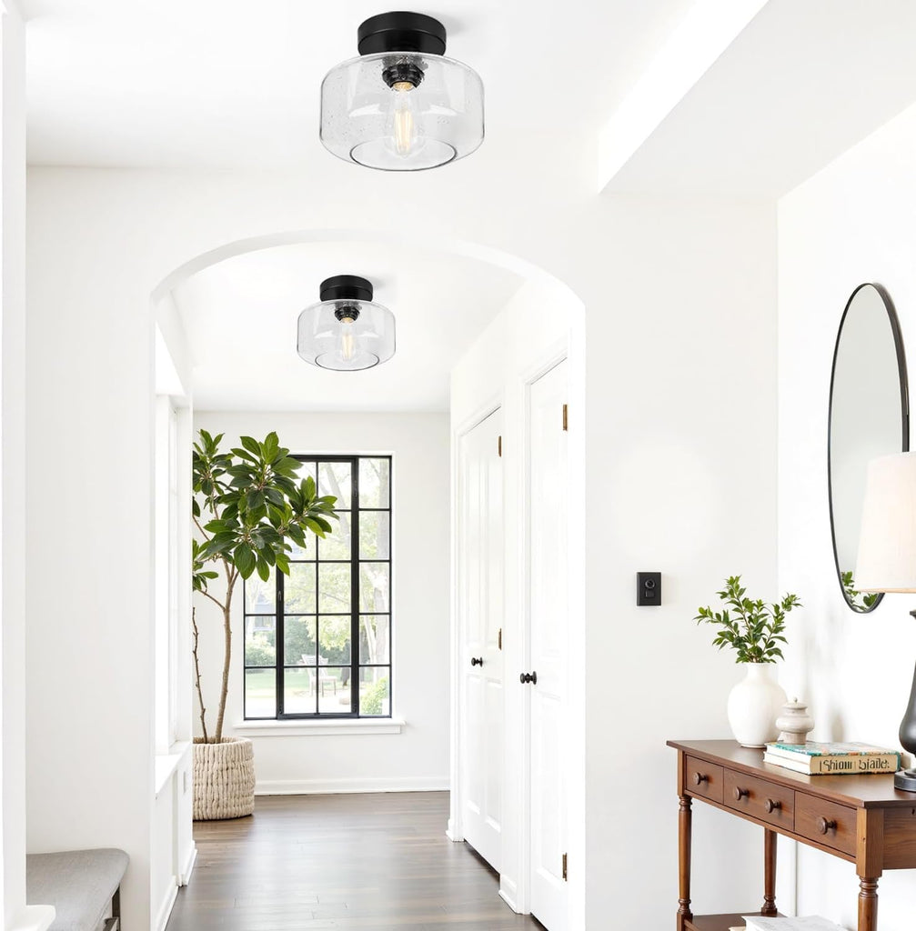 Industrial Semi Flush Mount Ceiling Light, 800 Lumen LED Bulb Included, Seeded Glass Shade Farmhouse Light Fixture