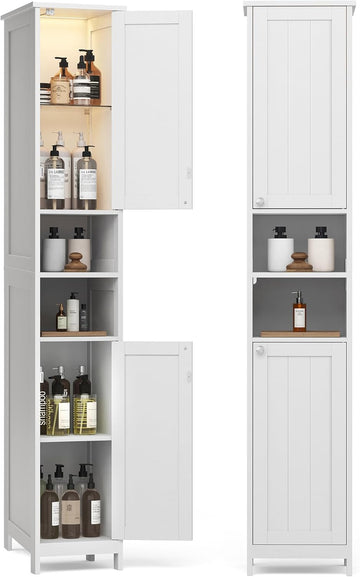 Tall Storage Cabinet with Lights, Slim Freestanding Cabinet with Adjustable Shelves, for Small Spaces, Bathroom