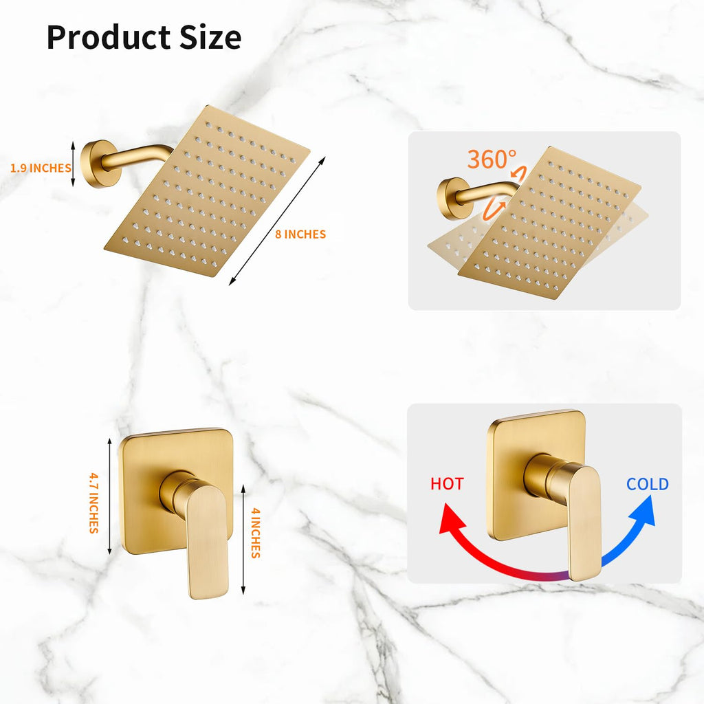 Brushed Gold Shower Faucet Single Function Trim Kit with Rough-in Valve Set Bath Rainfall Shower System 8inch Square