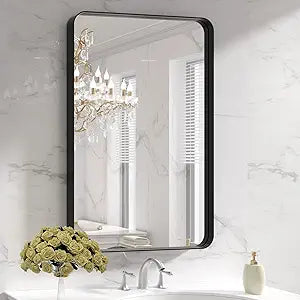 Black Metal Framed Bathroom Mirror for Wall, 24X36 Inch Rounded Rectangle Mirror, Matte Black Bathroom Vanity Mirror
