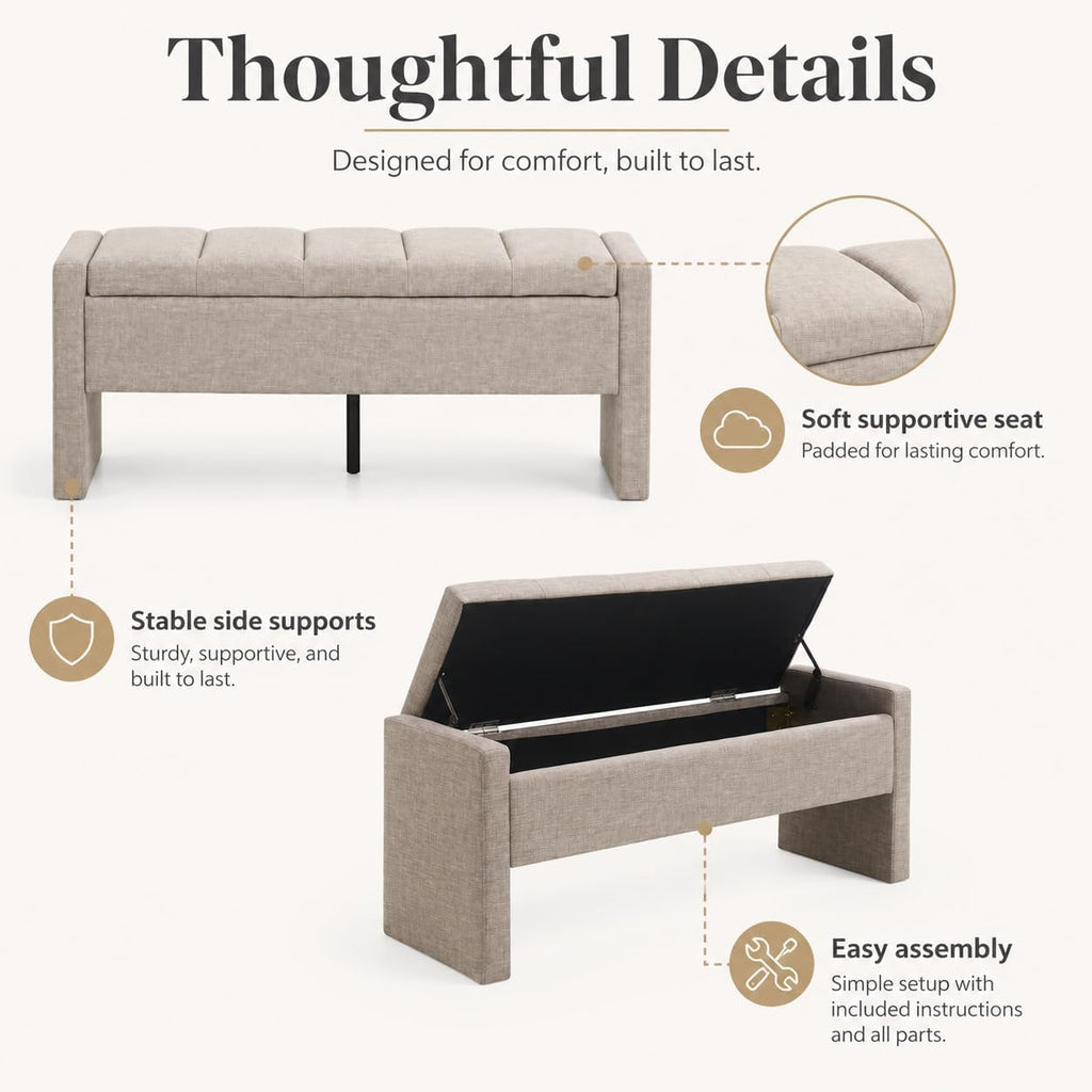 47.25 Inch Storage Ottoman Bench, Linen Upholstered, Light Taupe
