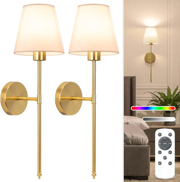 Battery Operated Wall Sconce Set of 2,Gold Rechargeable Wall Lights with 10400mAh Dimmable Bulbs and Remote,10 Colors