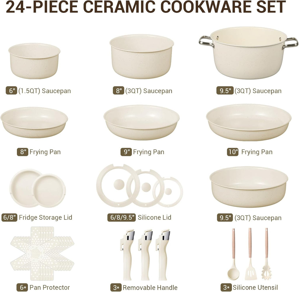 24-Piece Ceramic Cookware Set with Removable Handles, Pots and Pans Set Non Stick, Space Saving, Induction & Oven &