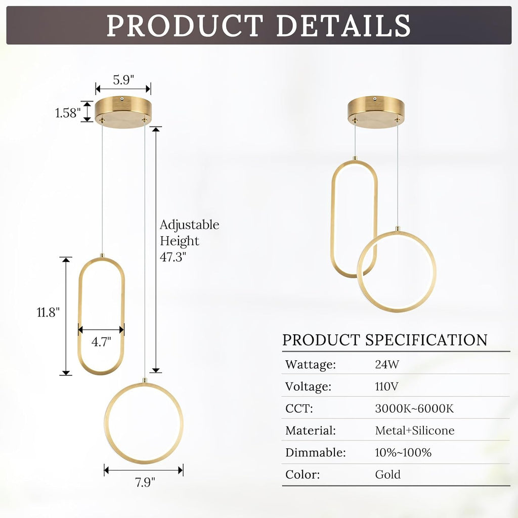 Gold Modern Mini LED Pendant Light with Remote Control, 2 Ring 24W 3-Color Temp Stepless Dimmable Ceiling Hanging