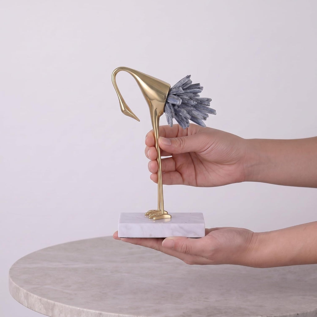 Gold Crane Statue with Blue Crystal Tail, 8.7-Inch | Brass Bird Sculpture on Marble Base, Modern Tabletop Decor and
