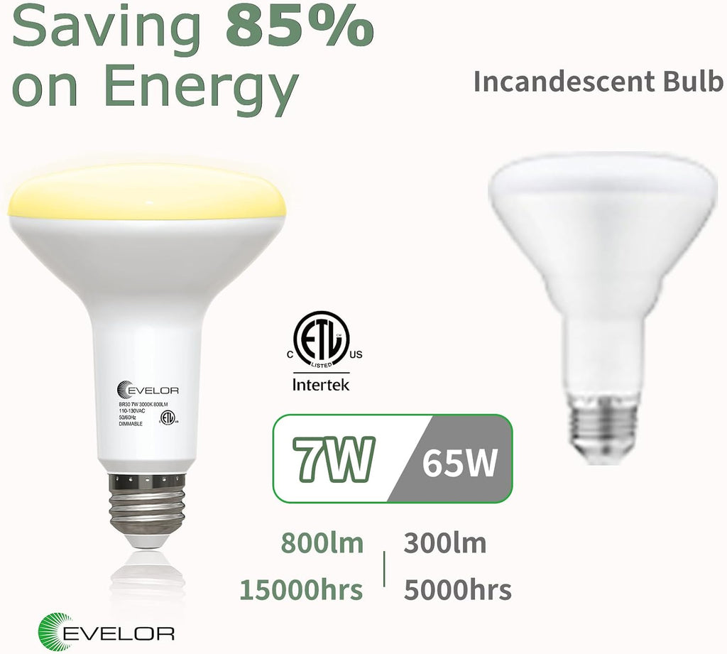 12 Pack BR30 Flood LED Light Bulbs 65W Equivalent, 7W Energy Efficient, Dimmable 800LM Bulbs 2700K Warm White, E26