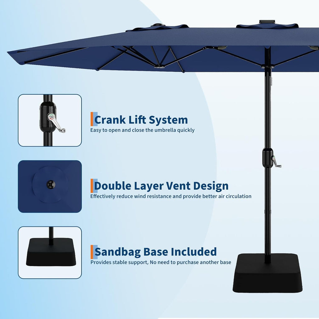 15 ft Rectangular Patio Umbrella with Base Included - Large Patio Umbrella with Crank Handle, UV Protection Pool