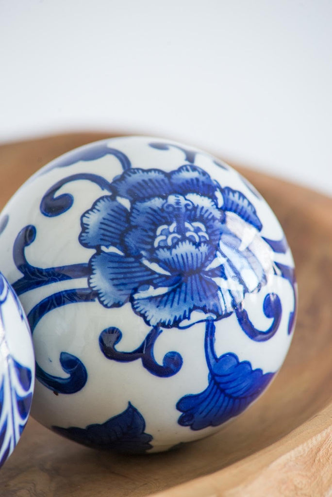 Set of 4 Porcelain Decorative Spheres - Handcrafted Blue and White Floral Orbs Decor, Tabletop Accent, Shelf Display