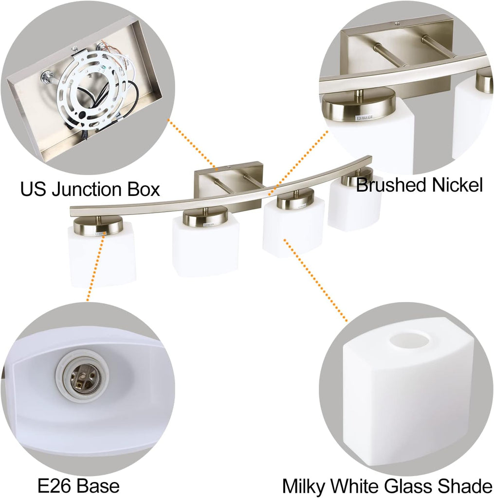 4-Light Brushed Nickel Vanity Light Fixture with White Glass Shade Over Mirror, 31.5 Inches