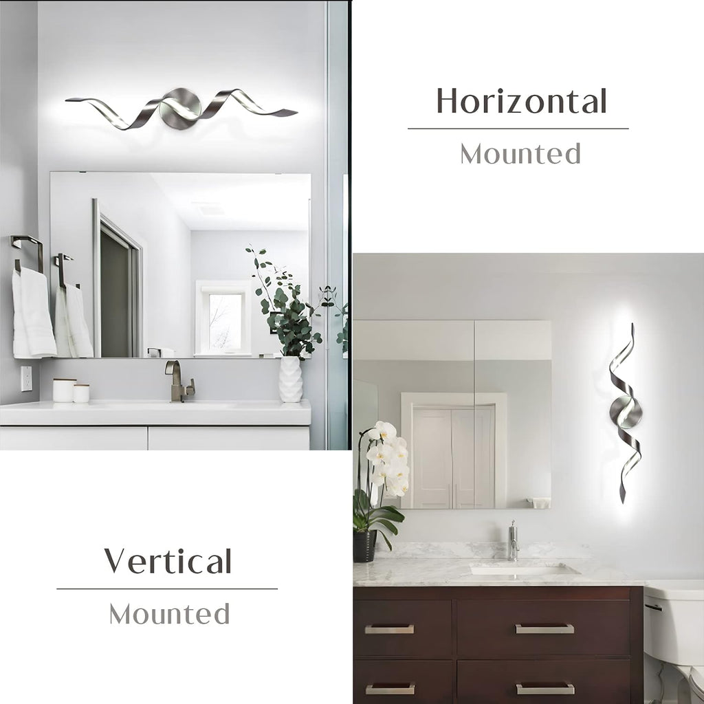 Dimmable Modern LED Bathroom Vanity Light 24 inch, 15W Spiral Design Brushed Nickel Bathroom Light Fixtures Over