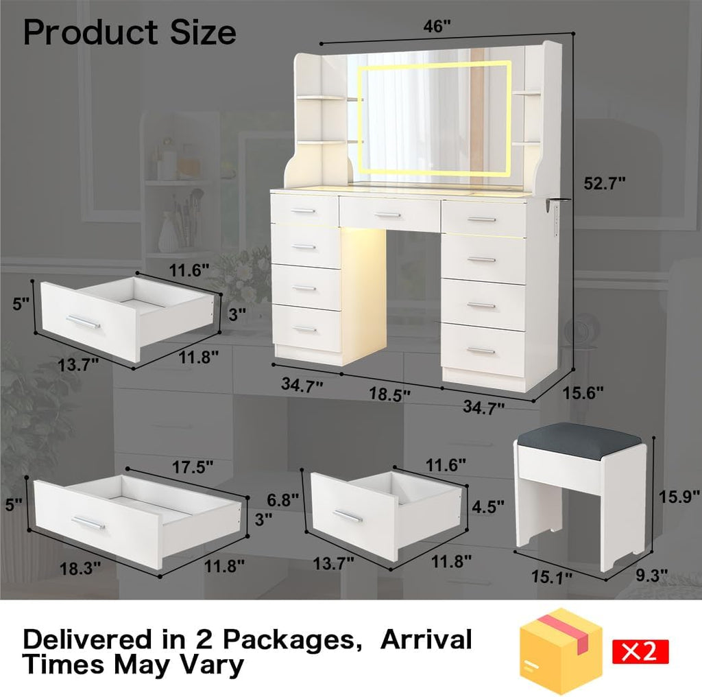 Vanity Desk with Mirror and Lights: 46" Makeup Vanity with 9 Drawers, Large Make Up Desk with Chair, Dressing Table