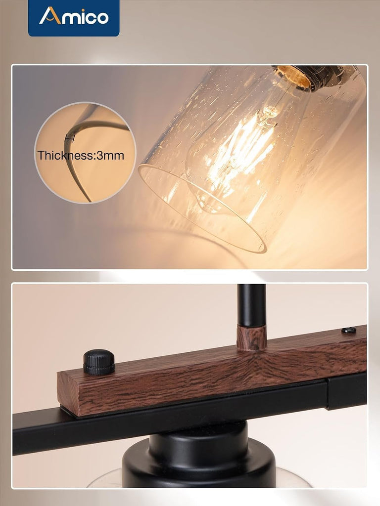 Dining Room Light Fixture 4-Light Kitchen Island Lighting with Adjustable Rods, Farmhouse Decor Black Metal & Wood