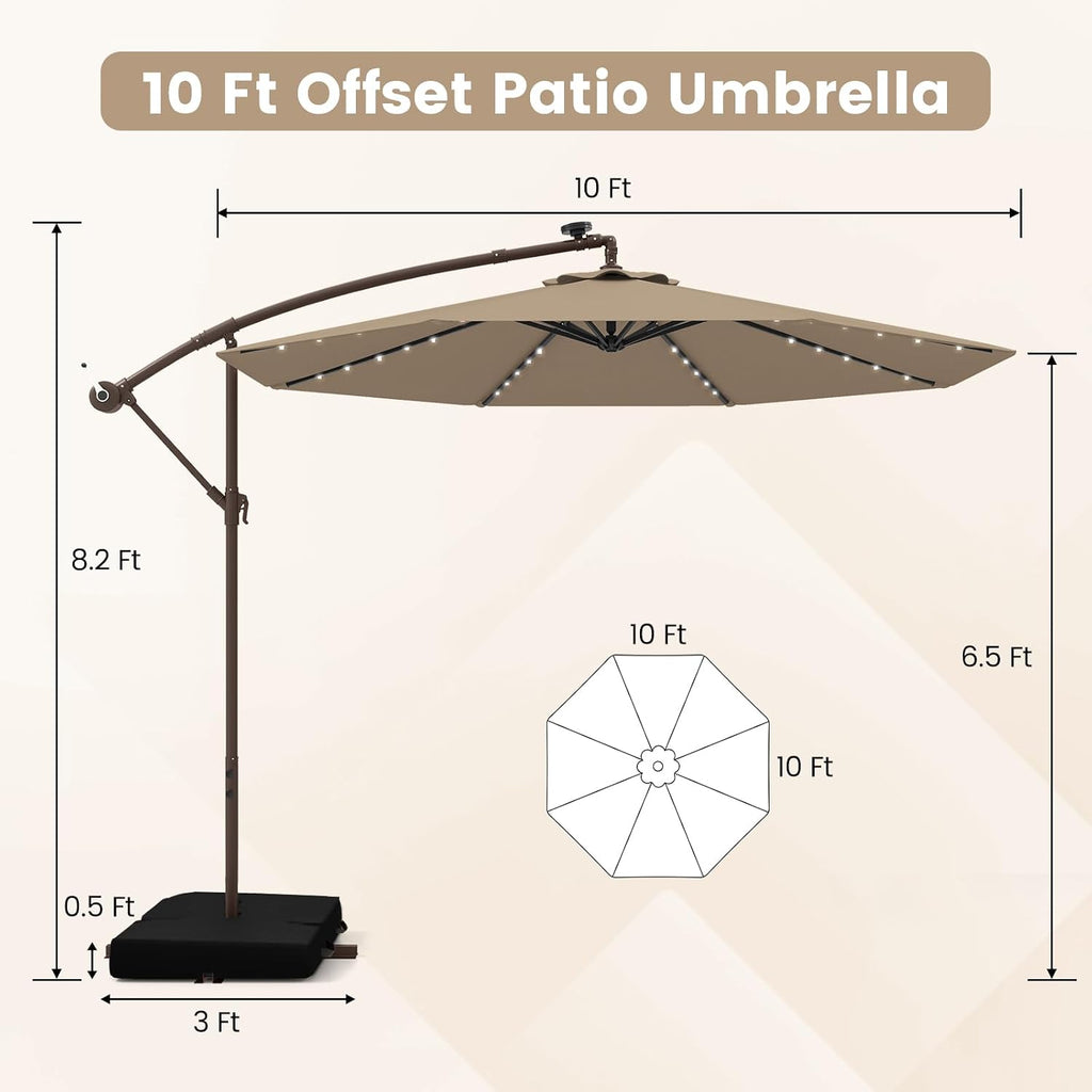 10FT Offset Patio Umbrella with Base Included, Outdoor Cantilever Umbrella with 40 Solar LED Lights, Tilt Adjustment