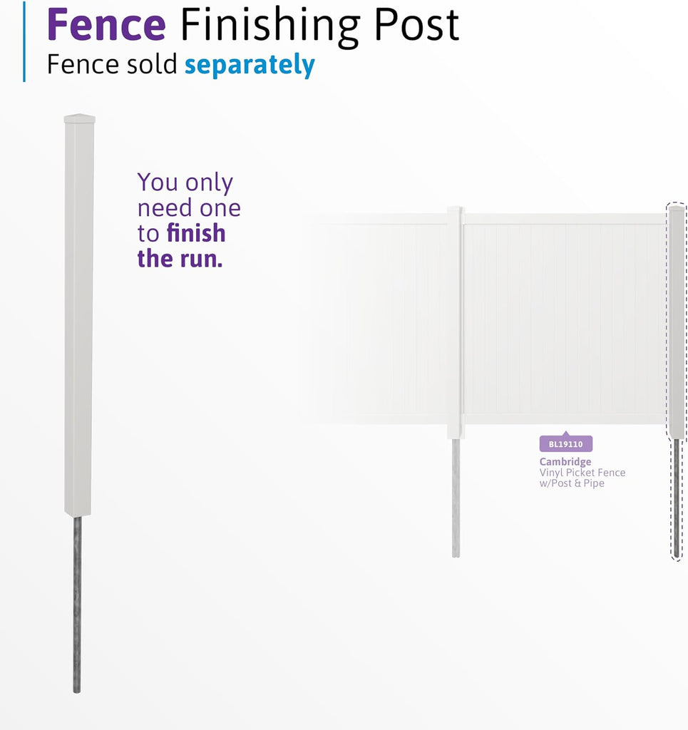 6ft H (1 Post) No Dig Cambridge Finishing Post with Steel Pipe Anchor Kit, Permanent White Vinyl Post for Cambridge Panels and