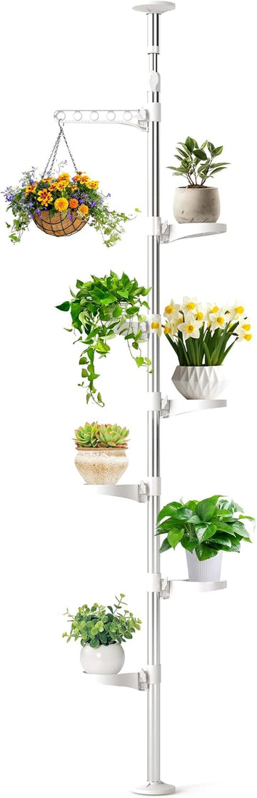 Plant Stand 7-Tier Tension Pole Metal Flower Rack Corner Ivory | Spring Loaded Pole,No Drilling Required ,Adjustable