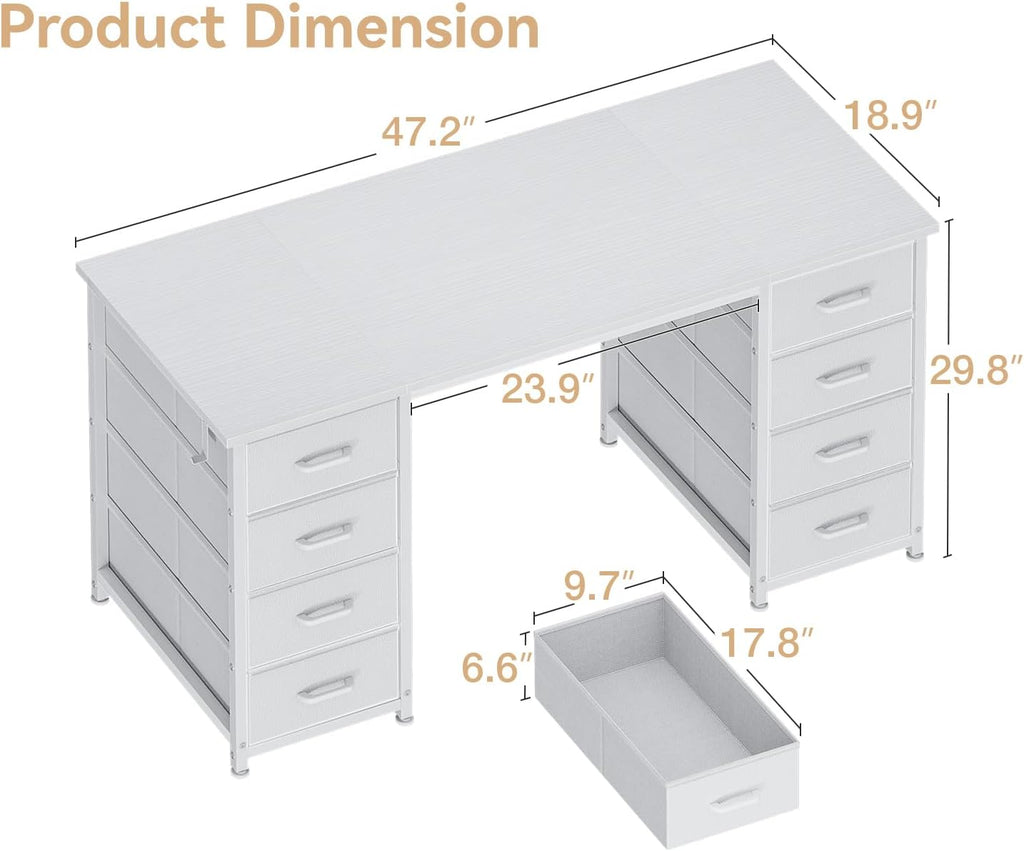 48 Inches Computer Desk with 8 Fabric Drawers, Modern Office Desk with Large Storage, Study, White