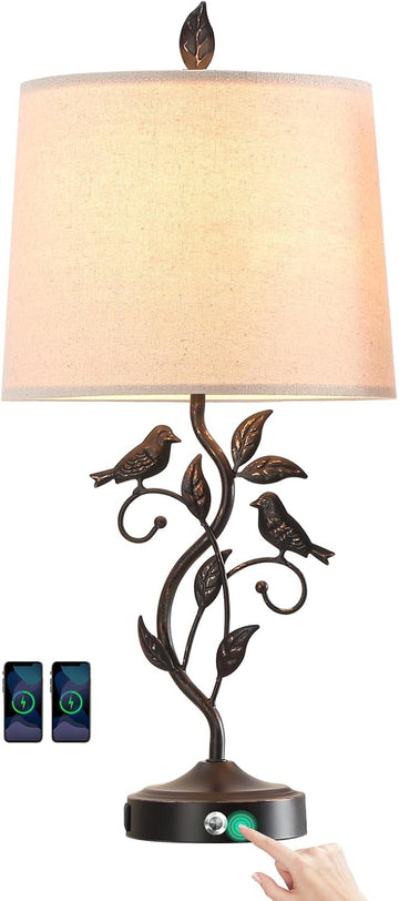 27" Touch Farmhouse Table Lamps with 3-Way Dimmable 2 USB Ports, Vintage Rustic Iron Leaf Nightstand