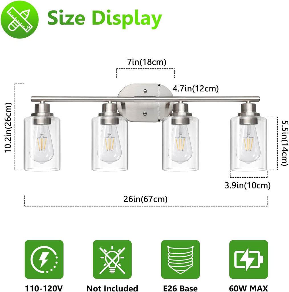 4-Light Bathroom Light Fixtures, Modern Vanity Lights with Clear Glass Shade, Brushed Nickel Wall Lamp Mirror Hallway