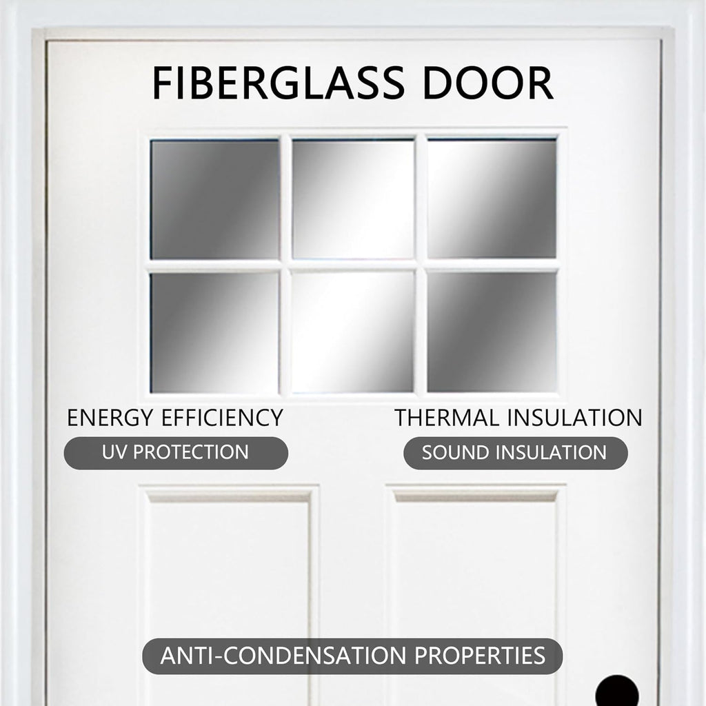 Modern 36 x 80 Fiberglass Entry Door with Low-E Glass, 6-Lite Front Door for Home, Pre-Hung Fiberglass Door System