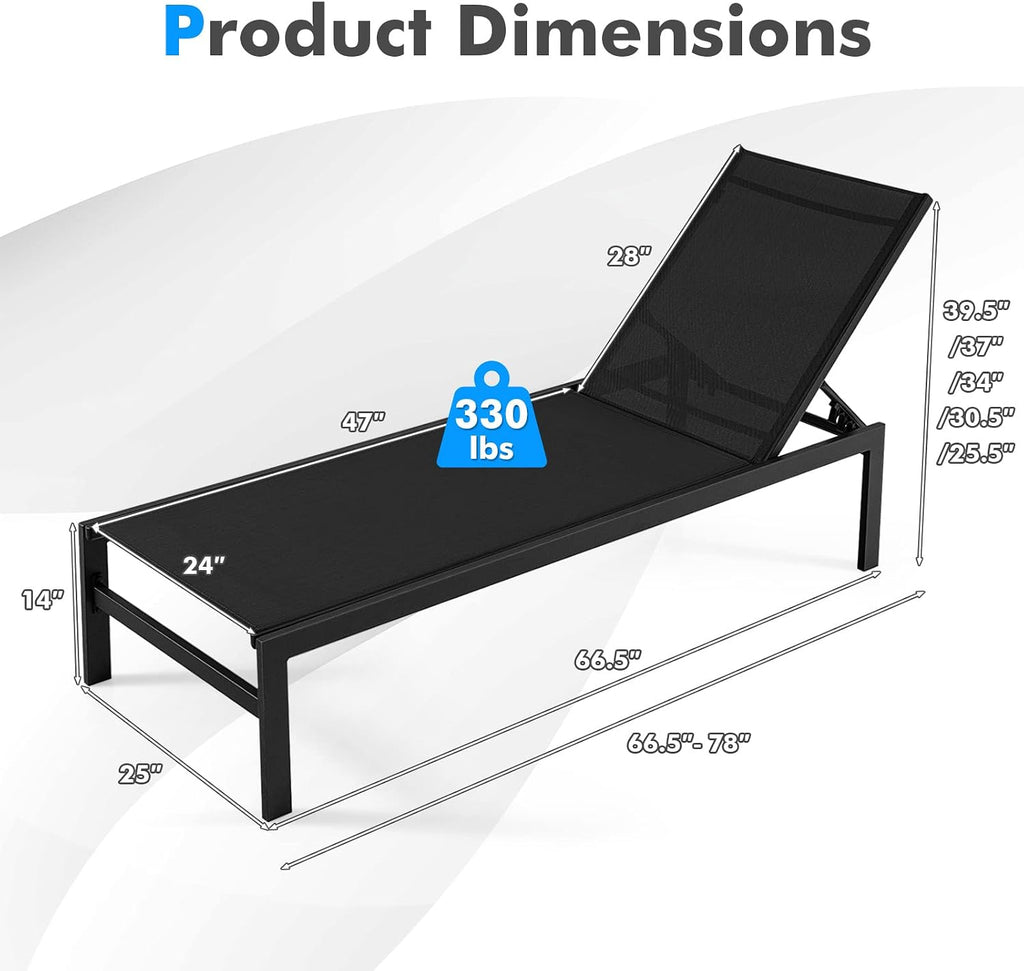 Lounge Chair Outdoor, Aluminum Frame Chaise Lounge with 6-Position Adjustable, Breathable Fabric, Lightweight Patio