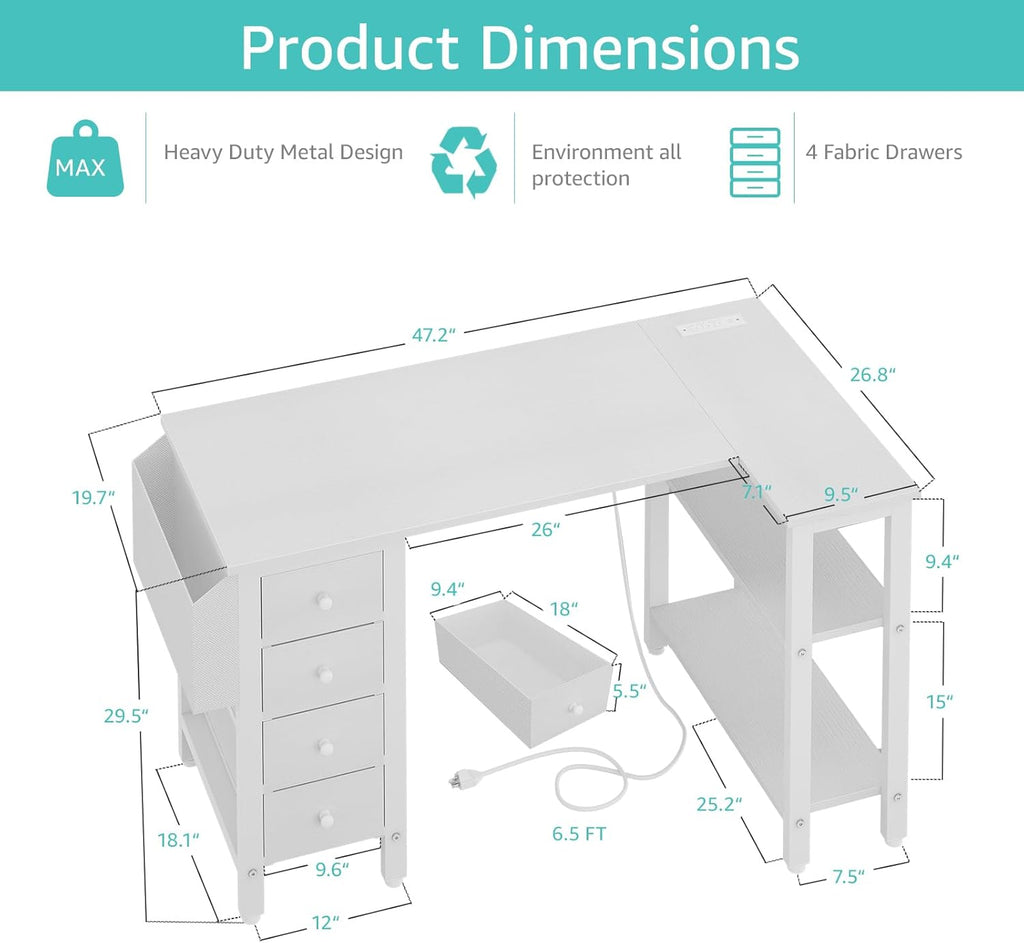 White L Shaped Computer Desk with Drawers & Storage Shelves, 47 Inch Corner Reversible Desk with Power Outlet Bedroom