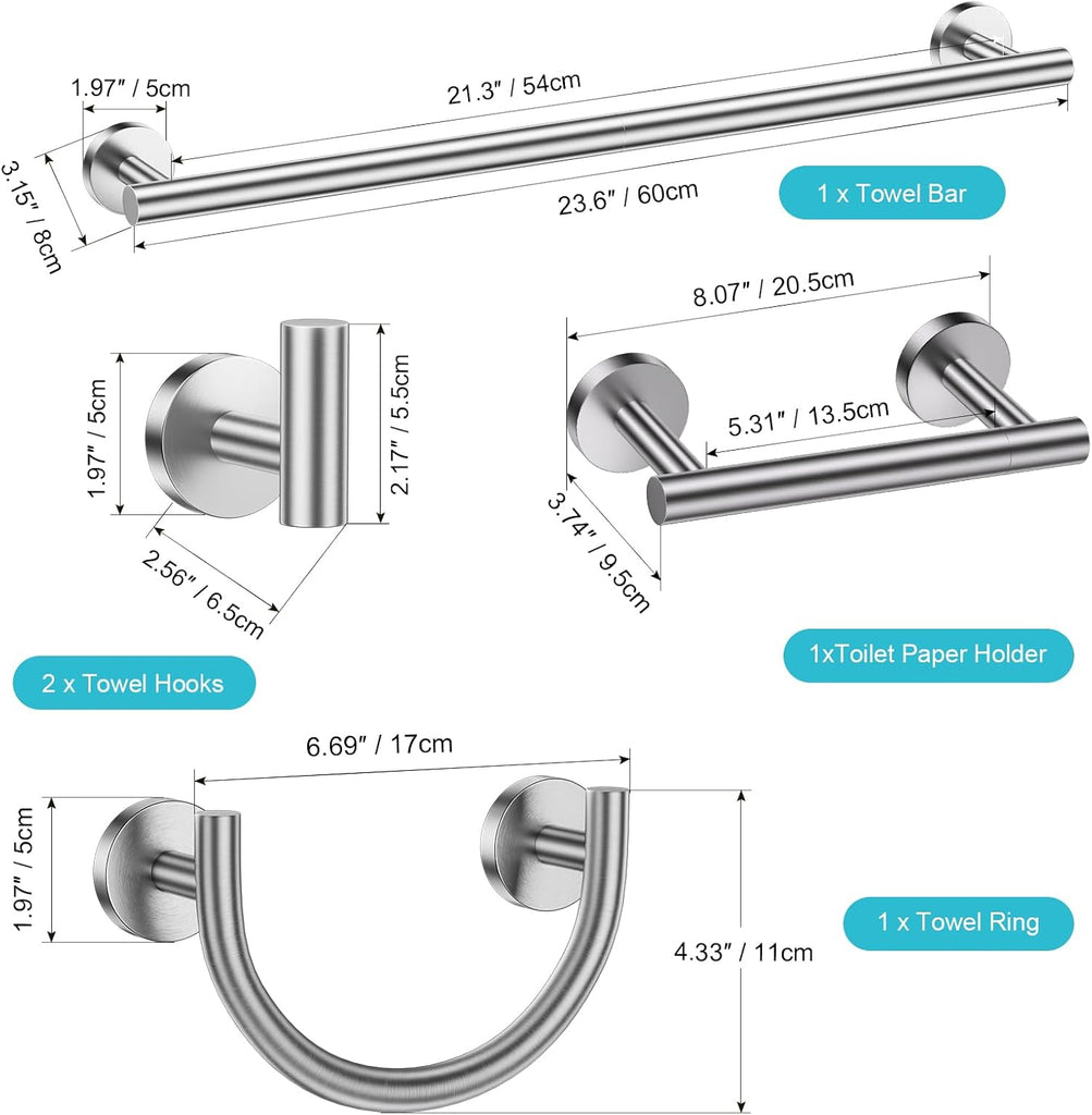 5-Pieces Brushed Nickel Bathroom Hardware Accessories Set 23.6inch SUS304 Stainless Steel Towel Bar Set Double Post