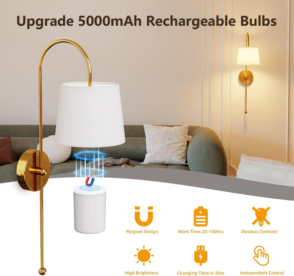 Battery Operated Wall Sconce Set of 2, Rechargeable Wireless Wall Decor Sconces, Two Battery Powered Wall Lights