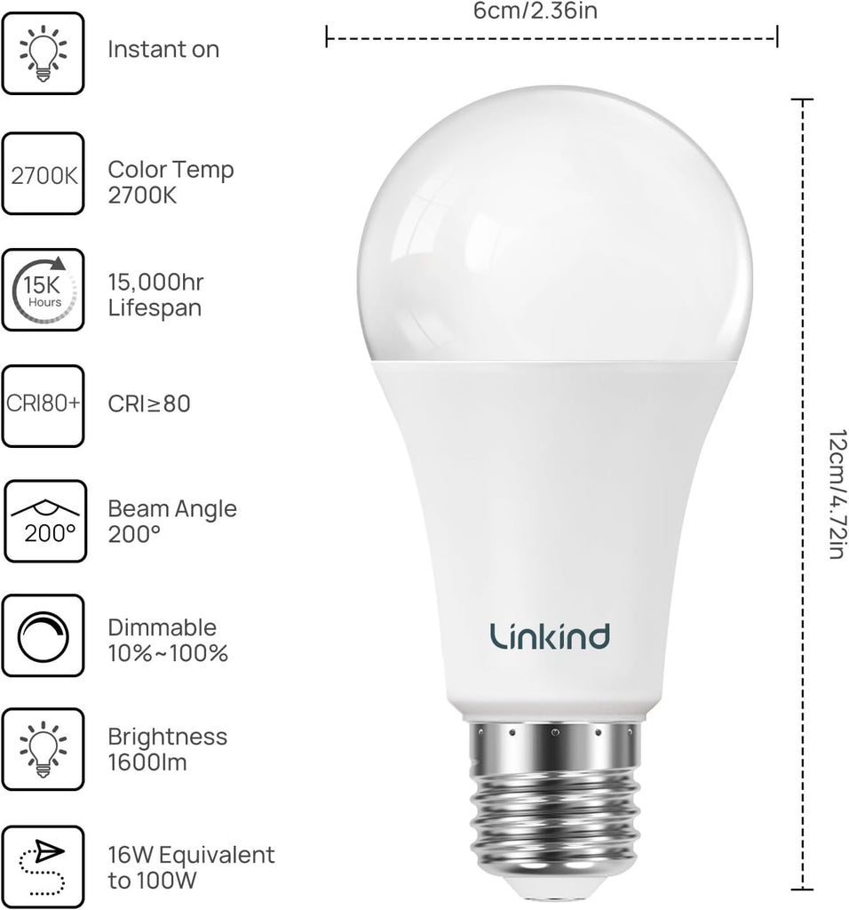 A19 LED Light Bulbs Dimmable, 100W Equivalent Light Bulbs, 16W, 2700K Soft White, 1600 Lumens LED Bulbs, E26 Standard