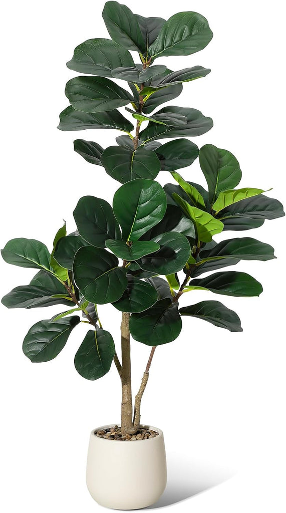 4 ft Fiddle Leaf Fig Tree Artificial with 48 Leaves - Realistic Faux Ficus Lyrata Trees in 7.8 in White Planter Pot