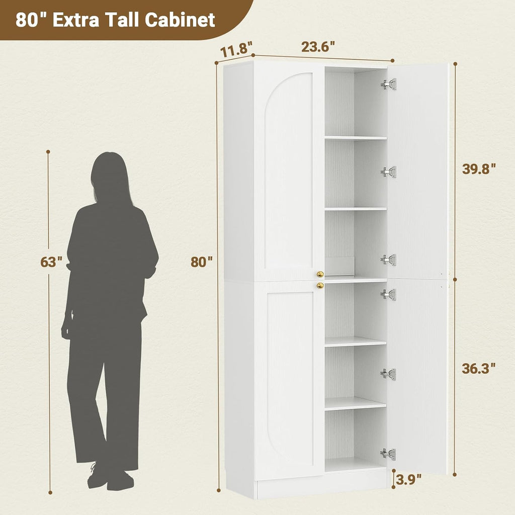 80" Kitchen Pantry, Extra Tall Arch Storage Cabinet with 4 Soft Close Doors and Adjustable Shelves, Freestanding Wood