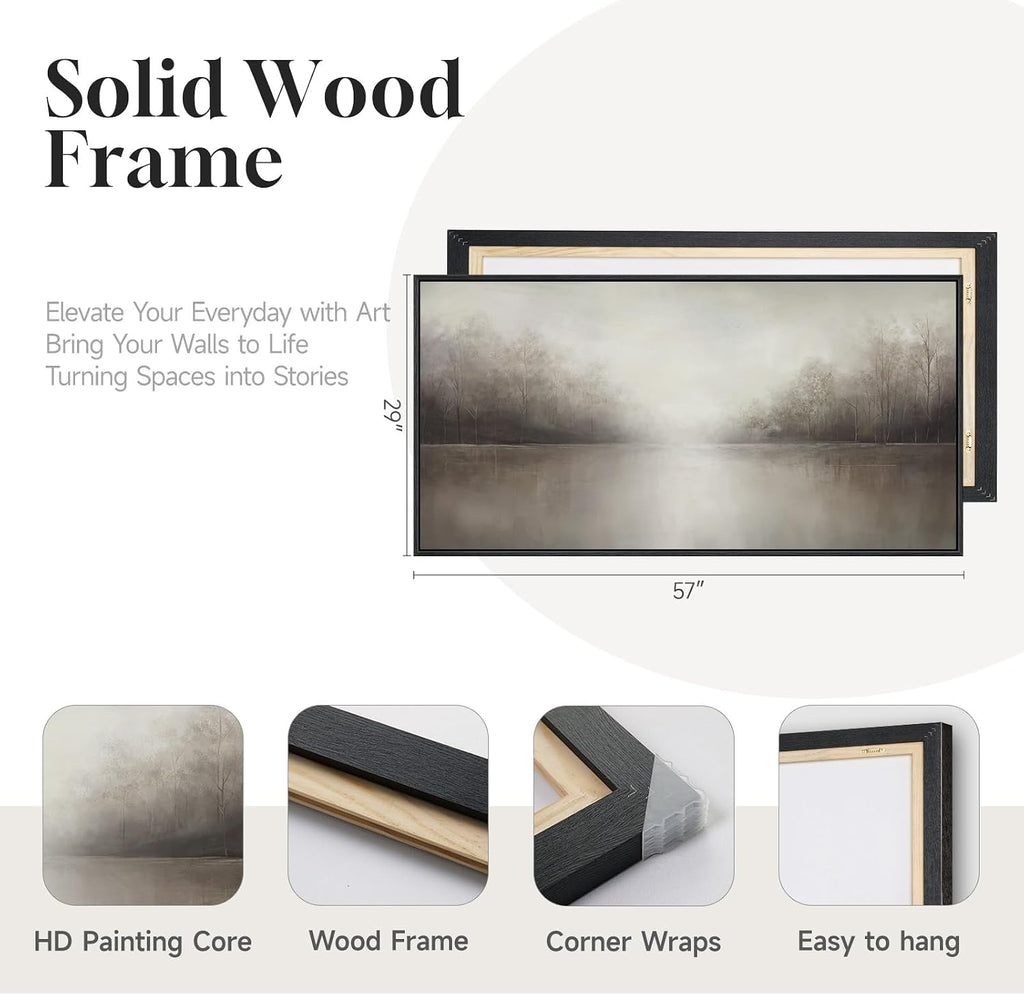 Framed Abstract Landscape Wall Art , Extra Large Brown Misty Lake Trees Canvas Artwork for Walls, Horizontal