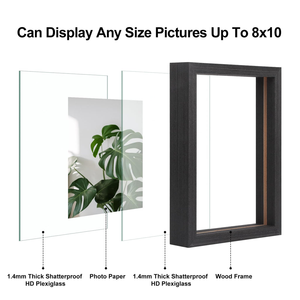 8x10 Floating Frames Set of 2, Double Plexiglass Picture Frame, Made of Solid Wood Display Any Size Photo up to 8x10