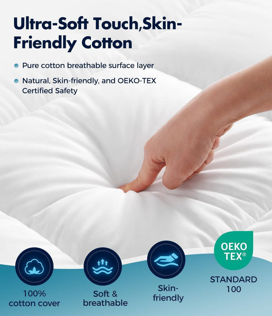 Queen Cotton Mattress Topper, Extra Thick Pillow Top Mattress Pad | 100% Pure Cotton Surface, Cooling Plush Bed