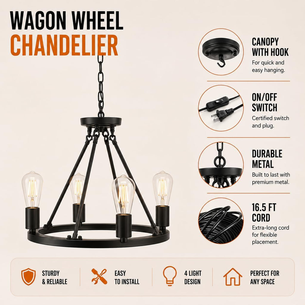 4-Light Plug in Chandelier,Wagon Wheel Style,Black Round Metal Chandelier,Hanging Light with 16.5ft Cord