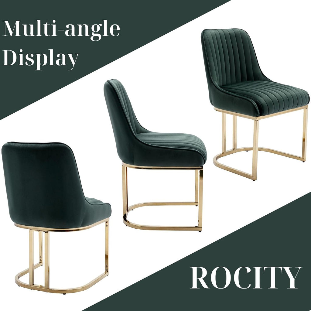 Velvet Dining Chairs Set of 2 Green Upholstered Dining Room Chairs with Gold Legs Modern Armless Kitchen Chairs with Back