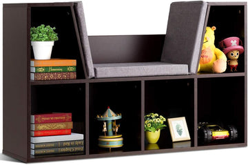 Kids Bookshelf with Reading Nook, 6 Cubby Bookcase with Soft Seat Cushion, Wooden Toy Storage Organizer with Bench