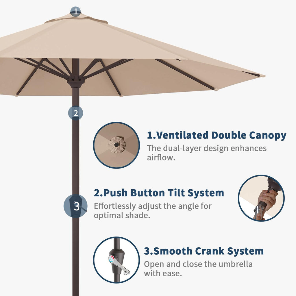 10FT Patio Umbrella Outdoor Market Umbrella with Crank and Tilt, 8 Flexible Fiberglass Ribs