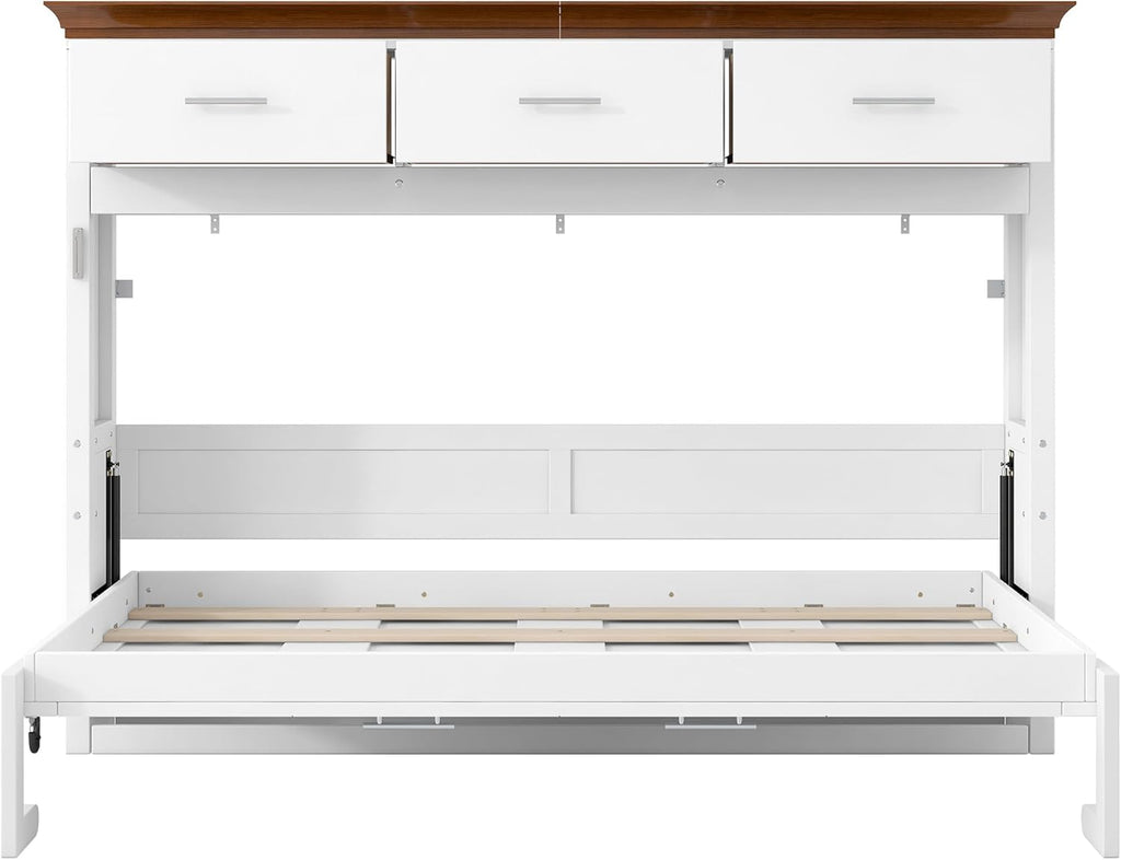 Twin Horizontal Murphy Bed with Drawers,Wood Space-Saving Folding Hideaway Murphy Wall Bed with Storage Drawers, for Adults,White
