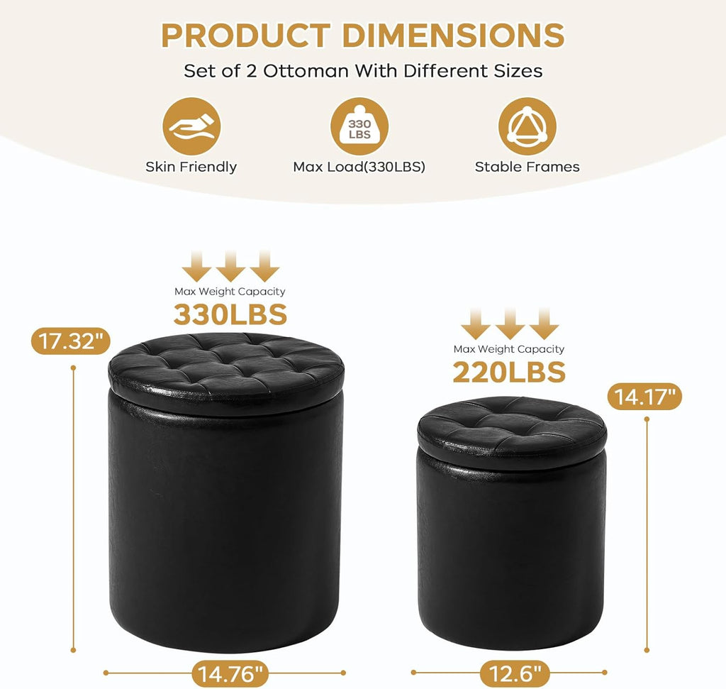 Round Ottoman with Storage Set of 2, 12.6" W x 14.17" H & 14.76" W x 17.32" H Faux Footstool Storage Ottomans Padded