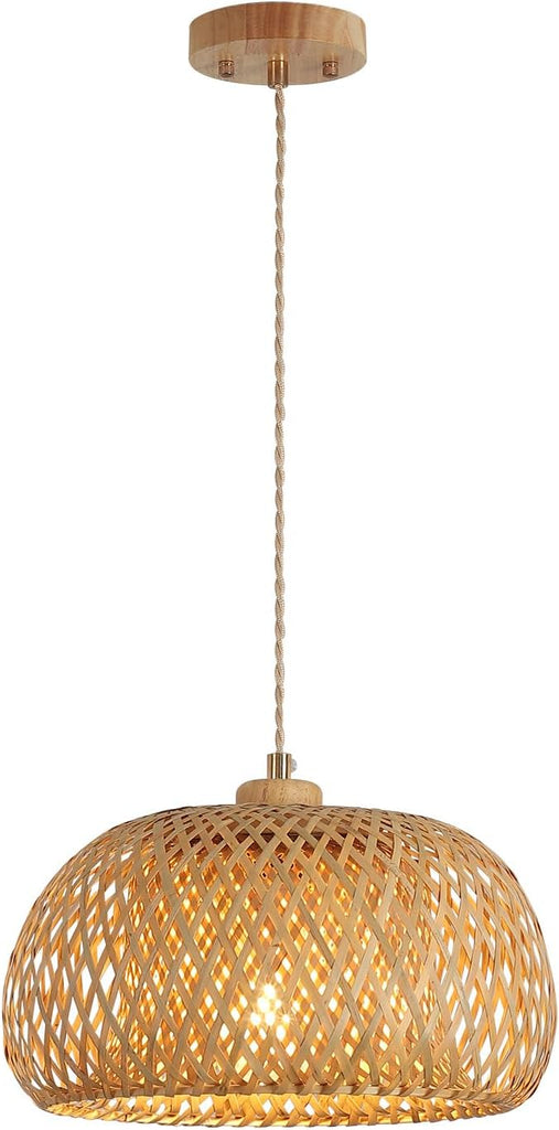 Bamboo Pendant Light Fixture One-Light Adjustable Boho Basket Handmade Woven Pendant Lighting for Kitchen Island Sink