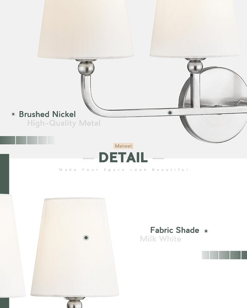 4-Light Brushed Nickel Bathroom Vanity Light, White Fabric Shades | Ideal for 32-42" mirrors, 28" bathroom light