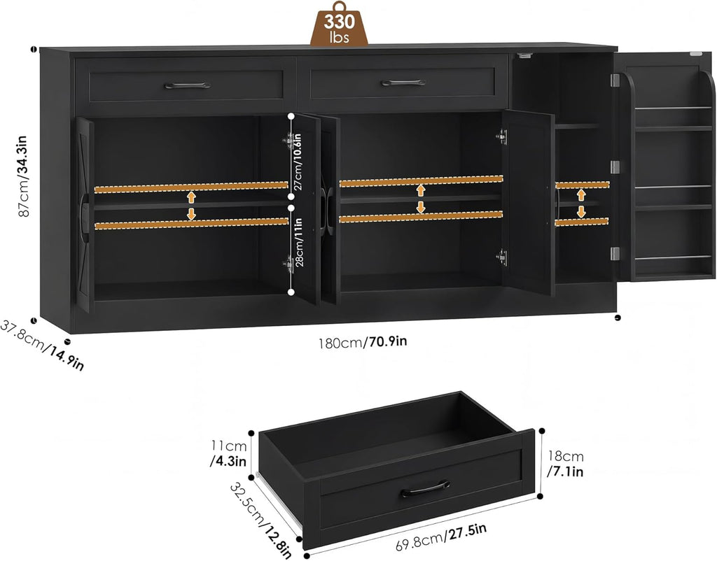 71” Large Sideboard Buffet Cabinet with Storage, Farmhouse Buffet Cabinet with Adjustable Shelves and 3 Door Shelves