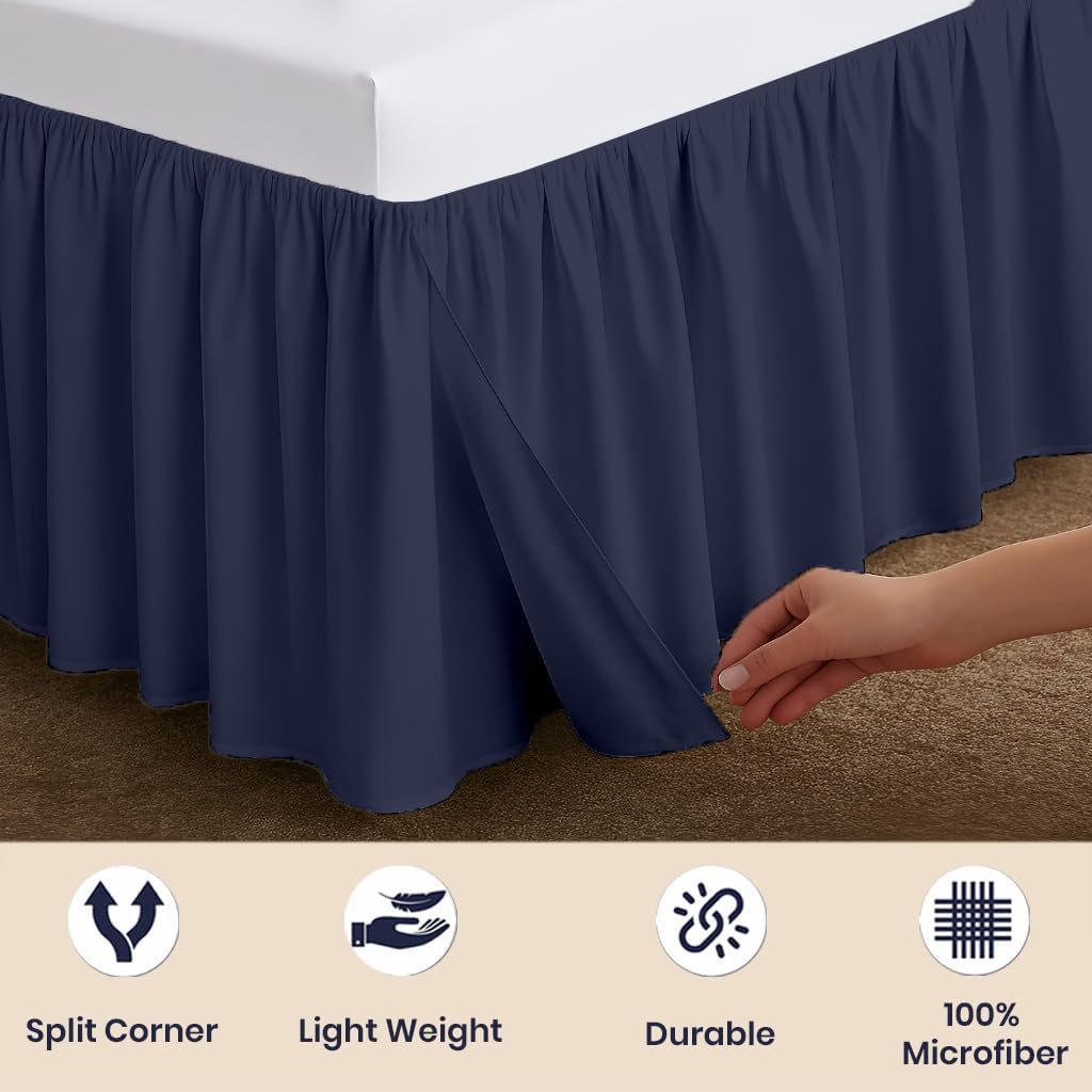 24 Inch Drop Ruffled Bed Skirt Queen - Classic Gathered Styling, Platform Style Dust Ruffle with Secure Fit, Split