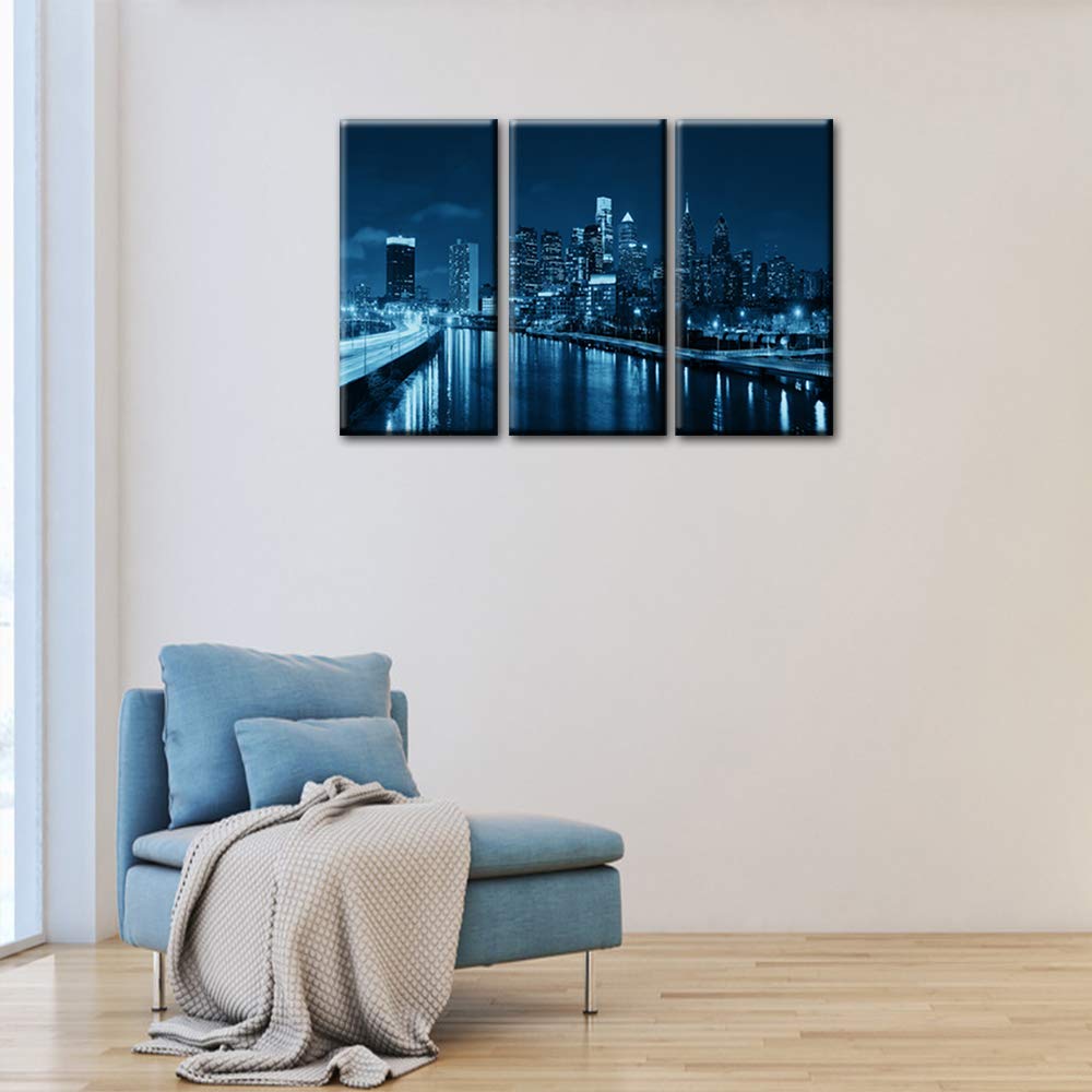 Panoramic Philadelphia Cityscape at night with urban architecture Picture, Black and White Stretched Canvas Prints