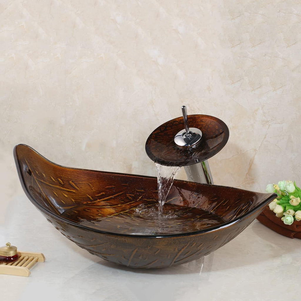 Bathroom Vessel Sink Combo Tempered Glass Leaf Shape Bowl Chrome Waterfall Faucet Pop Up Drain Set