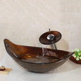 Bathroom Vessel Sink Combo Tempered Glass Leaf Shape Bowl Chrome Waterfall Faucet Pop Up Drain Set