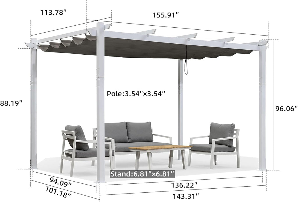 10' x 13' Outdoor Retractable Pergola Heavy-Duty Aluminum White Pergola with Sun Shade Canopy Patio Modern Shelter for Garden Yard Deck Grape Trellis, Grey